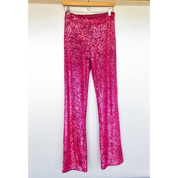Rachel Zoe Pink Glitter Sequin High Waist Straight Leg Pull On Pants Size S - Picture 2 of 9
